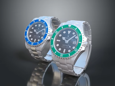 Stylish Silver Stainless Steel Wrist Watches With Blue And Green Dial Design 3d model