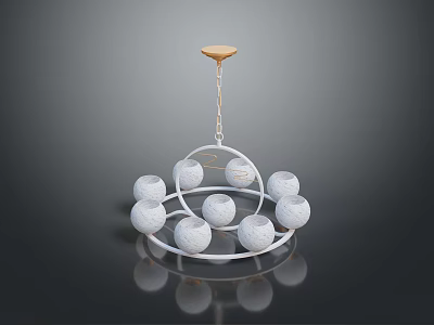 Elegant Modern Chandelier With White Spherical Lampshades Circular Metal Frame And Wooden Top 3d model