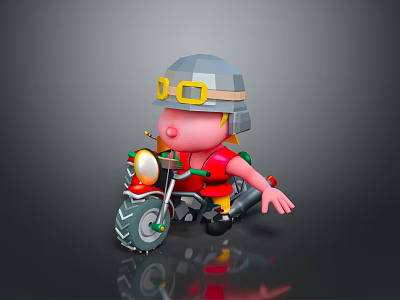 Cartoon Character Riding Motorcycle With Helmet Yellow Goggles Red Shirt Pink Body Large Wheels Headlight 3d model