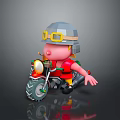 Cartoon Character Riding Motorcycle With Helmet Yellow Goggles Red Shirt Pink Body Large Wheels Headlight