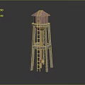 Pink Roofed Water Tower Structure With Wooden Supporting Pillars And Red Ladder