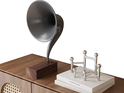 Modern Decorative Ornament Set With Black Horn Ornament And Silver Molecular Structure On Wooden Tabletop 3d model