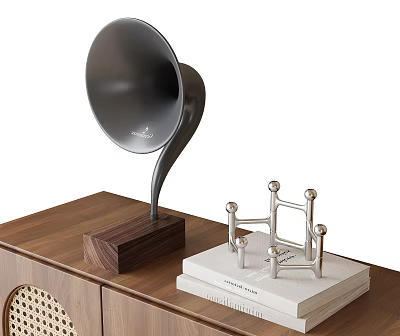 Modern Decorative Ornament Set With Black Horn Ornament And Silver Molecular Structure On Wooden Tabletop 3d model