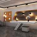 Modern Exhibition Hall Interior Design With Orange Pillar Shelves White Walls And Display Lamps