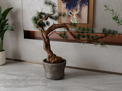 Modern Interior Decor With Pine Bonsai Tree In Grey Stone Pot And Green Plants 3d model
