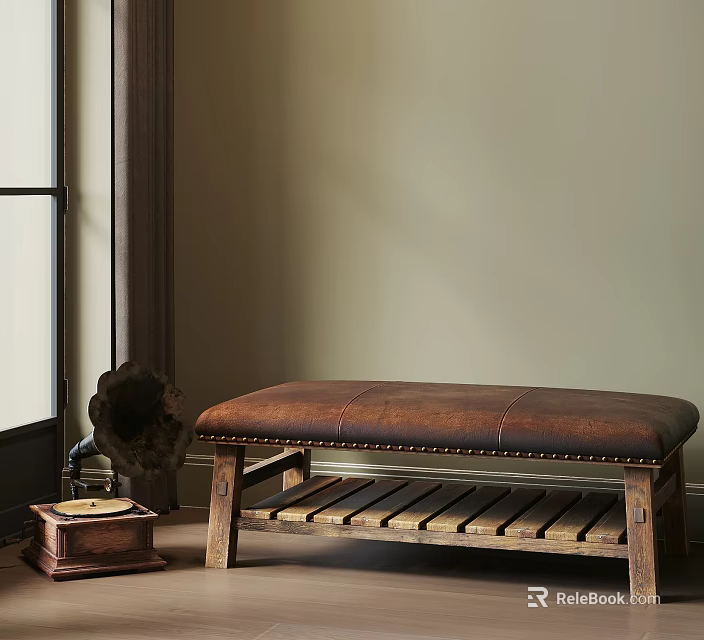 Vintage Rustic Shoe Bench With Leather Padded Seat Wooden Slat Shelf And Old Phonograph Decor 3d model 