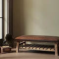 Vintage Rustic Shoe Bench With Leather Padded Seat Wooden Slat Shelf And Old Phonograph Decor