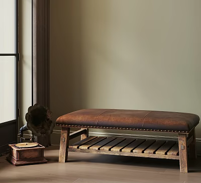 Vintage Rustic Shoe Bench With Leather Padded Seat Wooden Slat Shelf And Old Phonograph Decor 3d model