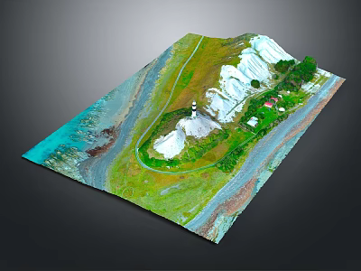 Scenic Coastal Landscape With Turquoise Waters Lush Greenery White Dunes Winding Path And Cottages 3d model