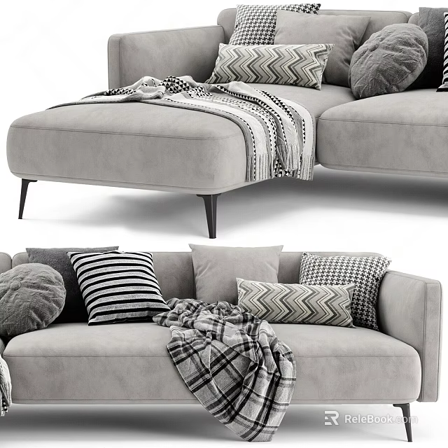 Gray Sectional Sofa with Various Patterned Pillows Plaid Blanket and Black Metal Legs 3d model 