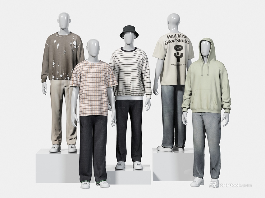 Stylish Mannequins wearing striped shirts plaid shirts hoodies and pants on white display platforms 3d model 