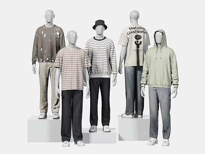 Stylish Mannequins wearing striped shirts plaid shirts hoodies and pants on white display platforms 3d model