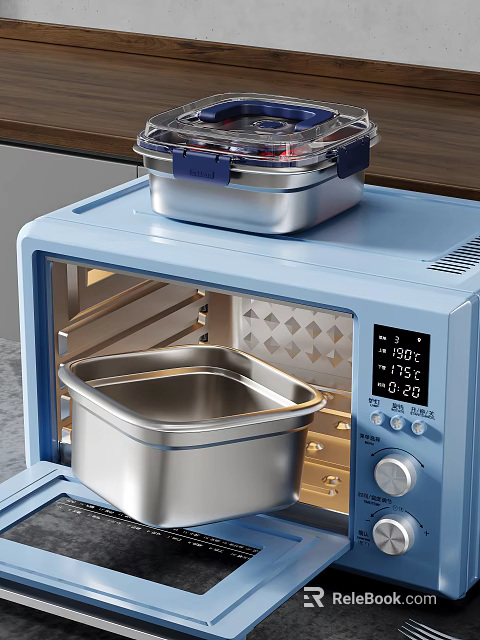 Light Blue Steam Oven With Stainless Steel Containers And Digital 3d model 
