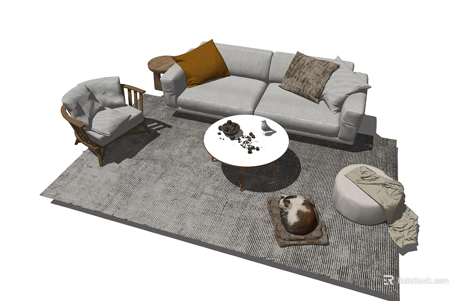 Modern Gray Sofa and Coffee Table Set with Throw Pillows Wooden Armchair and Gray Rug 3d model 
