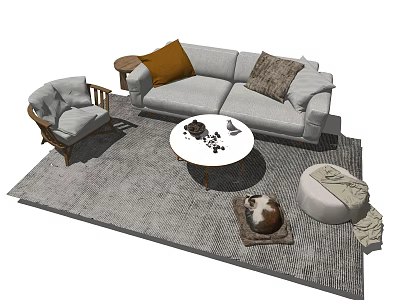 Modern Gray Sofa and Coffee Table Set with Throw Pillows Wooden Armchair and Gray Rug 3d model