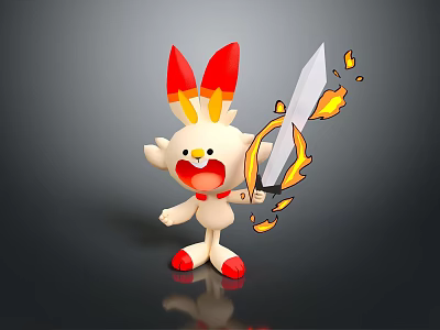Cute White Rabbit Character With Red Ears Open Mouth Holding Flaming Sword And Fire Effects 3d model
