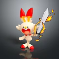 Cute White Rabbit Character With Red Ears Open Mouth Holding Flaming Sword And Fire Effects