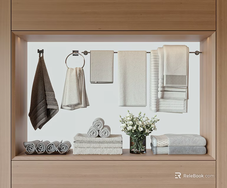 Colored Towels in Wooden Frame Display Hanging Rod with Rolled Stacked and White Flower Vase 3d model 