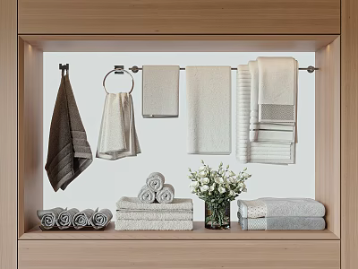 Colored Towels in Wooden Frame Display Hanging Rod with Rolled Stacked and White Flower Vase 3d model