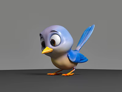 Cute Blue Bird 3D Rendering With Big Eyes And Colorful Feathers 3d model
