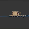 Cartoon Scene Featuring Small Wooden House On Blue Water With Wooden Pier Structure