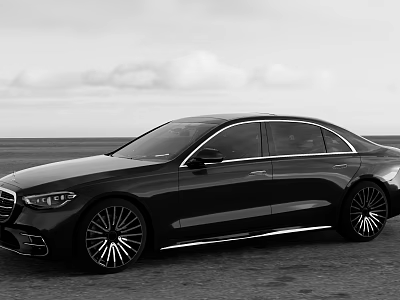 Sleek Black Luxury Sedan With Alloy Wheels On Open Road Under Cloudy Sky 3d model