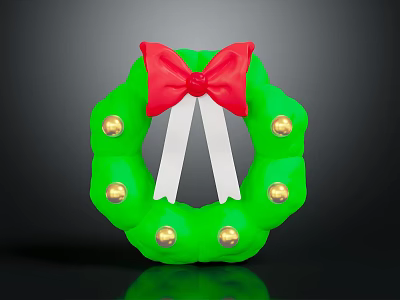 Festive Green Christmas Wreath with Red Bow White Ribbons and Yellow Lights for Holiday Decor 3d model