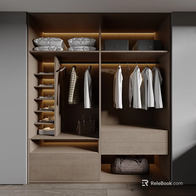 Modern Wardrobe Interior Design With Hanging White Shirts And Folded Clothes 3d model
