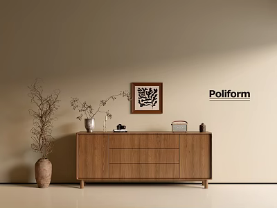 Wooden Entryway Console Cabinet With Drawers Decorative Painting And Vase On Beige Wall 3d model