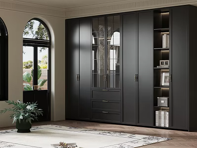 Modern Interior Design With Black Cabinetry Glass Doors Windows Plants And Rug 3d model