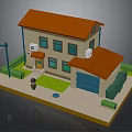 3D Model House With Red Roof Blue Garage Lawn Street Lamp Trash Bins And Figure