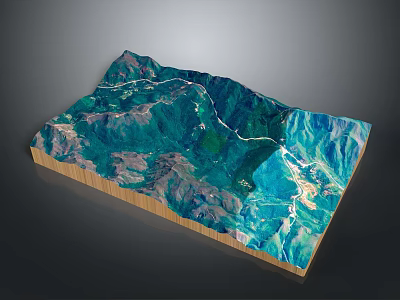 3D Topographic Terrain Model Featuring Mountain Roads Green Areas And Wooden Base 3d model