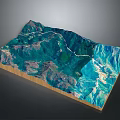3D Topographic Terrain Model Featuring Mountain Roads Green Areas And Wooden Base