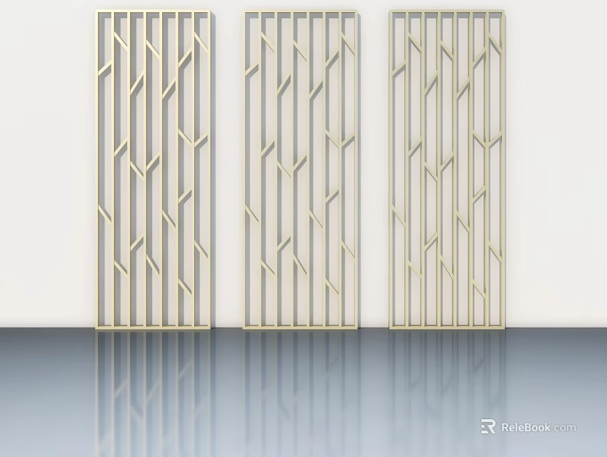 Three Golden Hinged Doors With Geometric Patterns Against White Wall And Floor Reflection 3d model