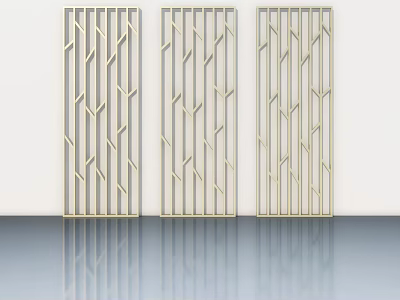 Three Golden Hinged Doors With Geometric Patterns Against White Wall And Floor Reflection 3d model