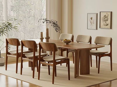 Cozy Wooden Dining Table with Six Light Cushioned Chairs Fruit Bowl and Vase 3d model