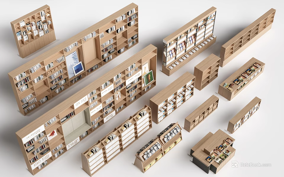 Modern Wooden Bookshelves With Various Designs And Storage Display Shelves 3d model 