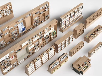 Modern Wooden Bookshelves With Various Designs And Storage Display Shelves 3d model
