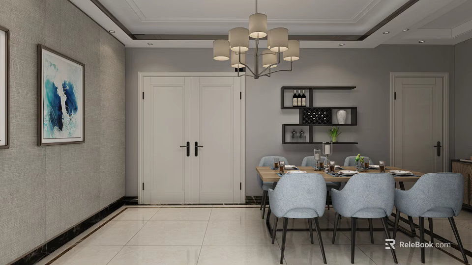 Modern Restaurant Interior With Dining Table Blue Chairs Chandelier And Wine Rack 3d model 