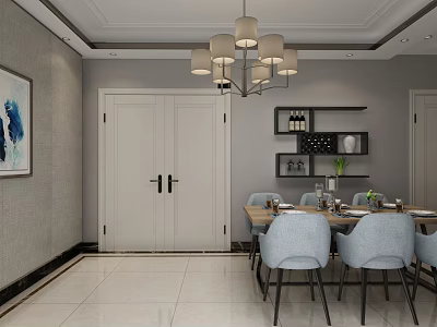 Modern Restaurant Interior With Dining Table Blue Chairs Chandelier And Wine Rack 3d model