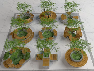 Circular Wooden Tree Planters With Seating And Green Trees In Outdoor Public Area 3d model