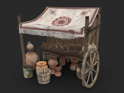 Traditional Wooden Canopied Handcart With Patterned Canopy Clay Pots And Buckets 3d model