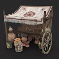 Traditional Wooden Canopied Handcart With Patterned Canopy Clay Pots And Buckets