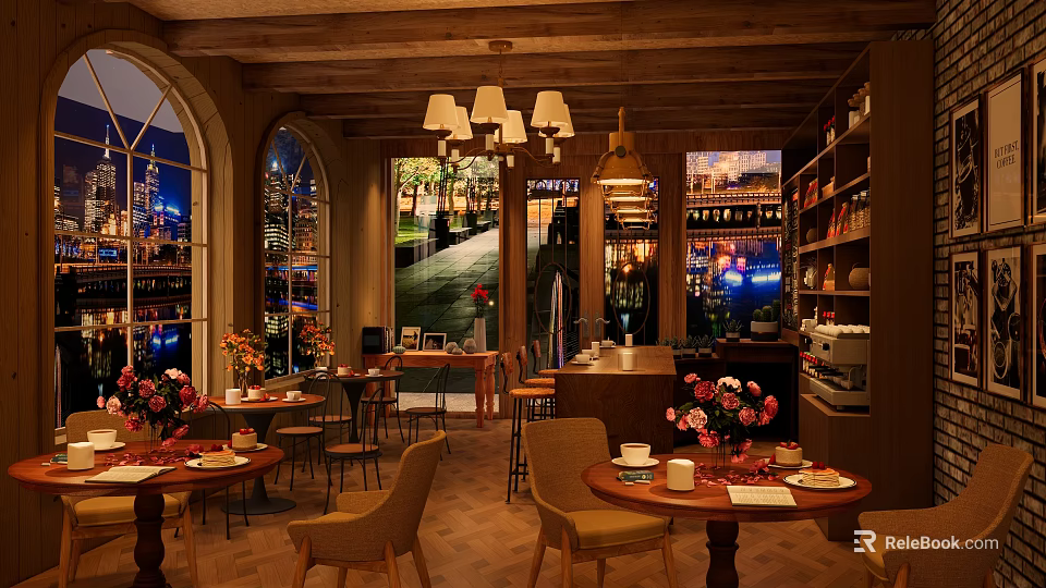 Cozy Vintage Café with Arched Windows Chandeliers Wooden Decor Flower Bouquets and City Night View 3d model 
