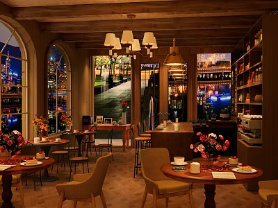 Cozy Vintage Café with Arched Windows Chandeliers Wooden Decor Flower Bouquets and City Night View 3d model