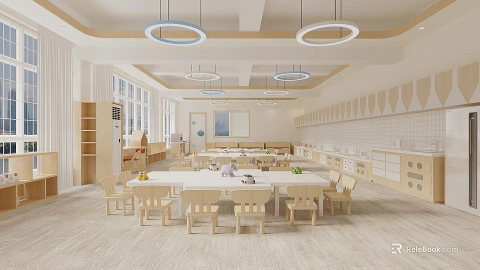 Spacious Kindergarten Classroom With Wooden Furniture And Circular Ceiling Lights 3d model 