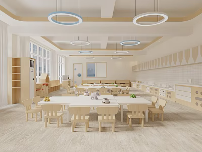 Spacious Kindergarten Classroom With Wooden Furniture And Circular Ceiling Lights 3d model