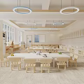 Spacious Kindergarten Classroom With Wooden Furniture And Circular Ceiling Lights