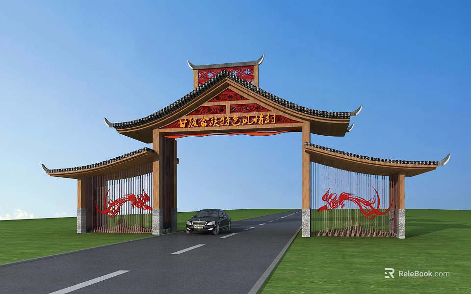 Traditional Chinese Gateway With Red Dragon Decorations And Black Car Passing Through Blue Sky Lawn 3d model 