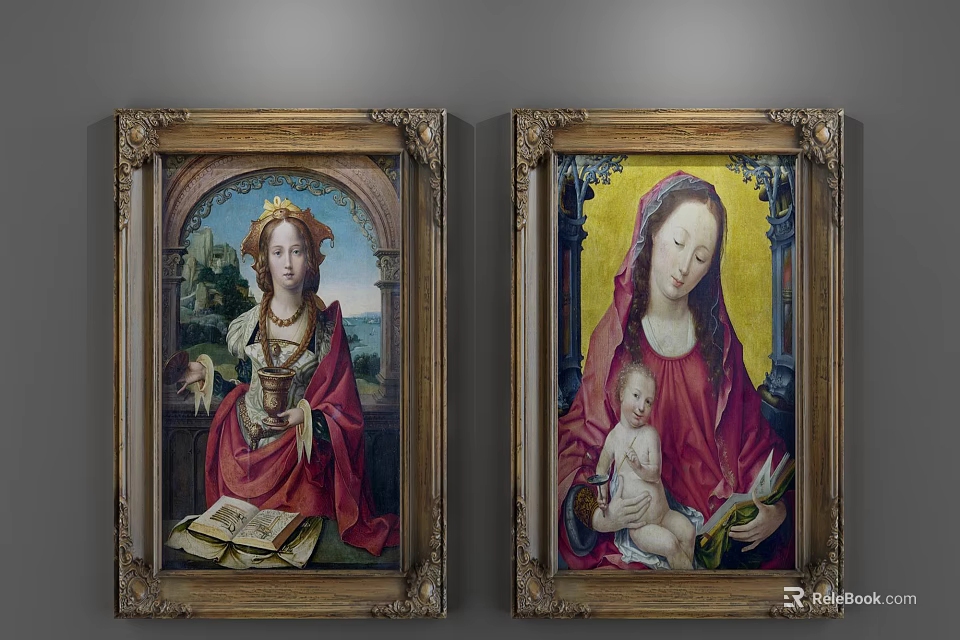 Religious Oil Paintings in Golden Frames with Crowned Female Open Book and Madonna Holding Baby 3d model 